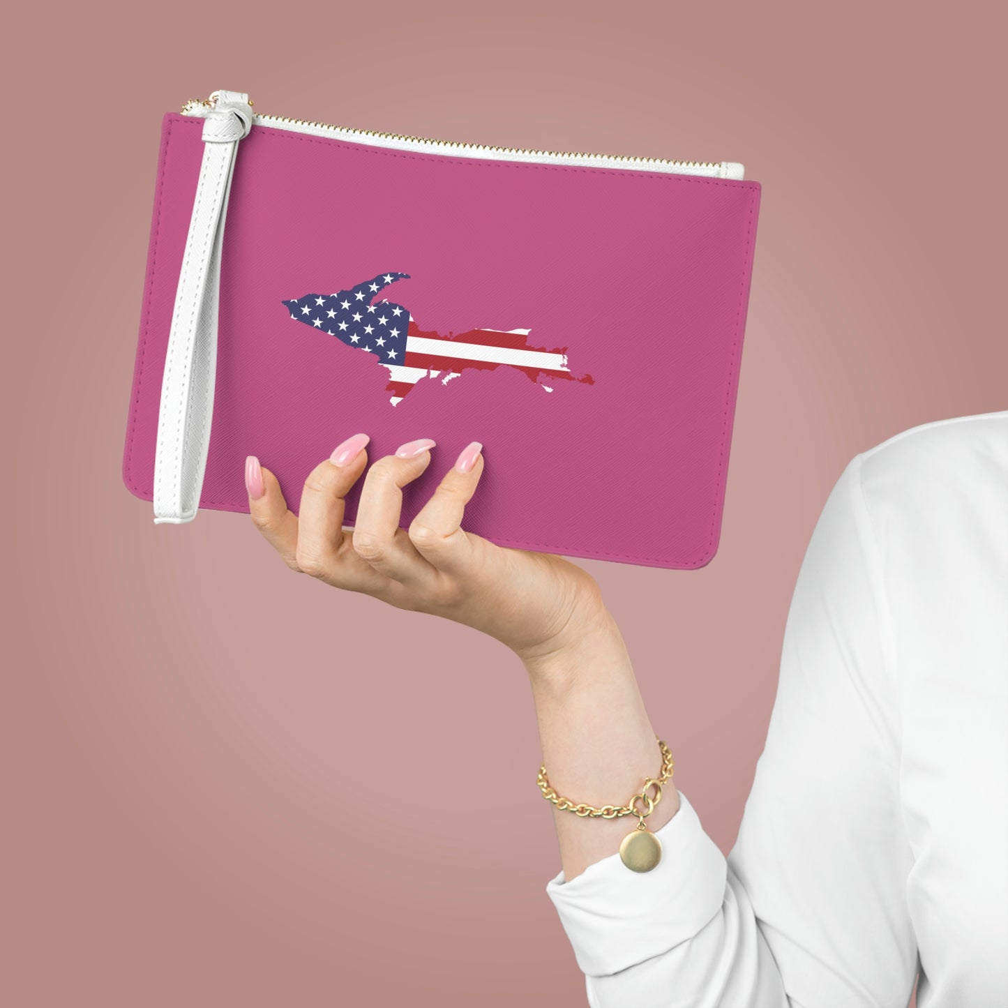 Michigan Upper Peninsula Clutch Bag (Apple Blossom Pink w/UP USA Flag Outline)