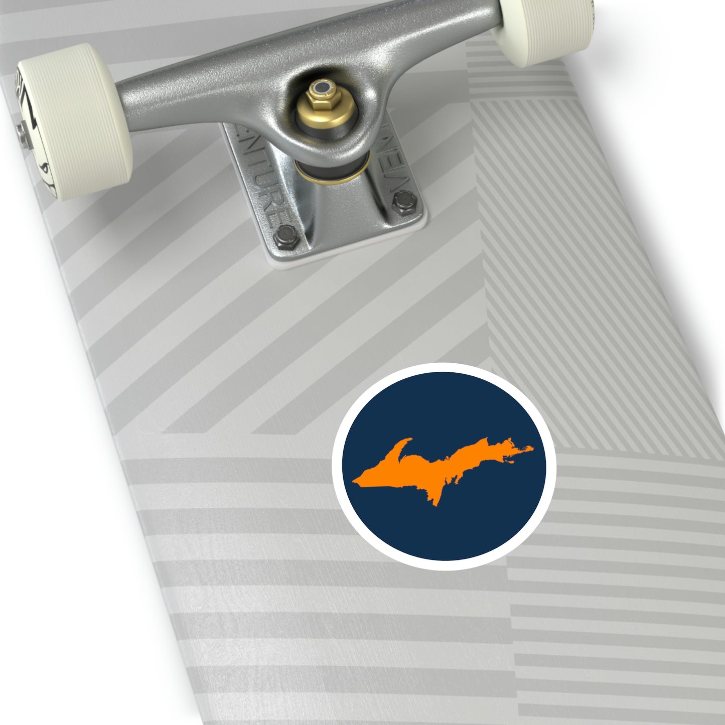 Michigan Upper Peninsula Round Stickers (Navy w/ Orange UP Outline) | Indoor\Outdoor