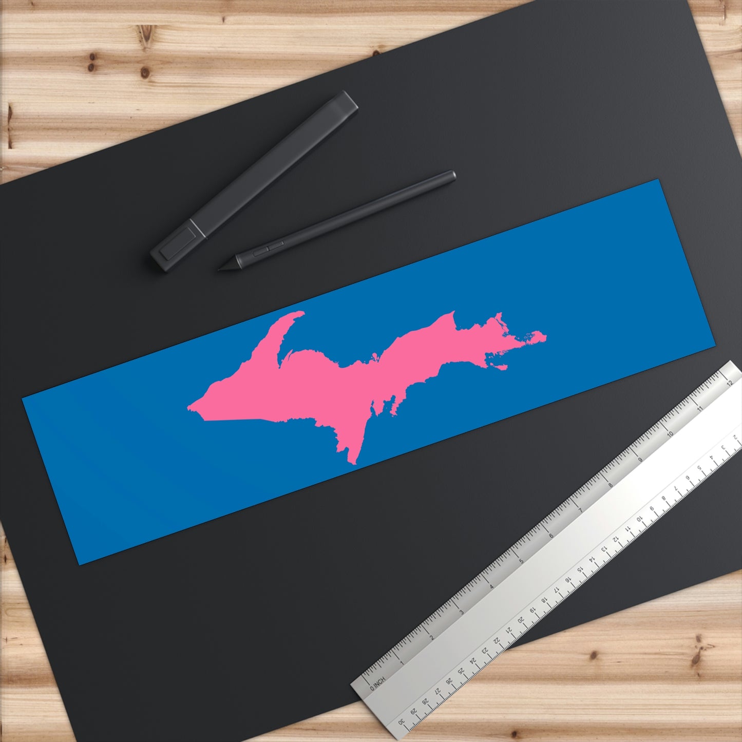 Michigan Upper Peninsula Bumper Sticker (w/ Pink UP Outline) | Azure Background