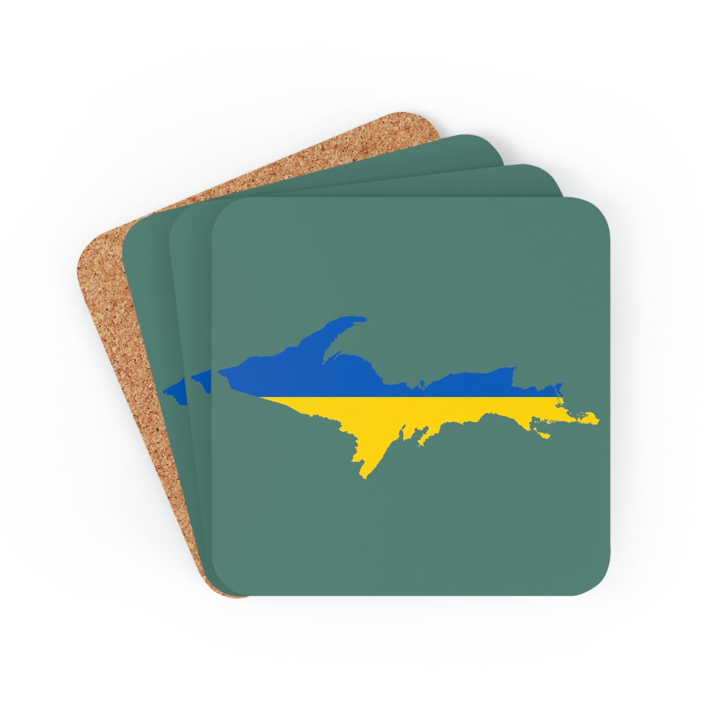 Michigan Upper Peninsula Coaster Set (Copper Green w/ UP Ukraine Flag Outline) | Corkwood - 4 pack