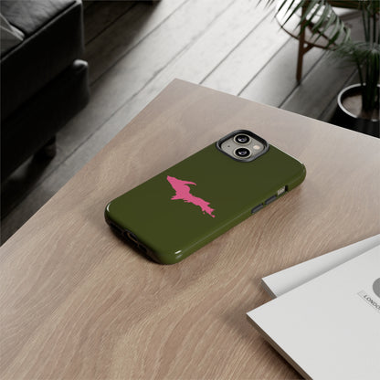 Michigan Upper Peninsula Tough Phone Case (Army Green w/ Pink UP Outline) | Apple iPhone