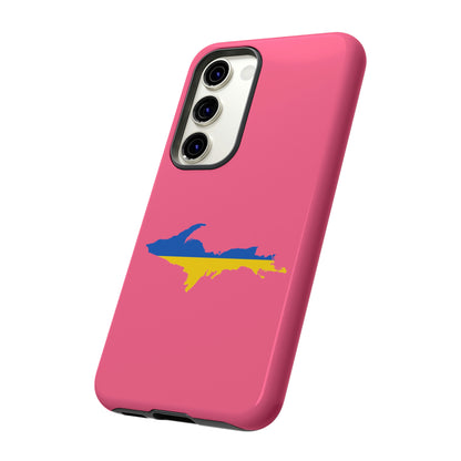 Michigan Upper Peninsula Tough Phone Case (Rhodochrosite Pink w/ UP Ukraine Flag Outline) | Samsung & Pixel Android