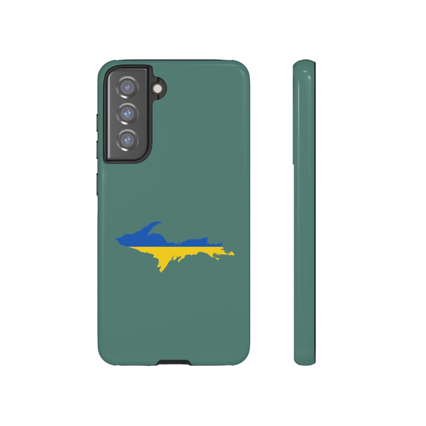 Michigan Upper Peninsula Tough Phone Case (Copper Green w/ UP Ukraine Flag Outline) | Samsung & Pixel Android