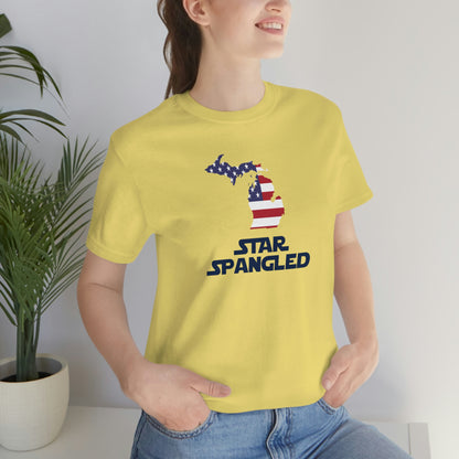 Michigan 'Star Spangled' T-Shirt (Epic Sci Fi Font w/ MI USA Flag Outline) | Unisex Standard Fit