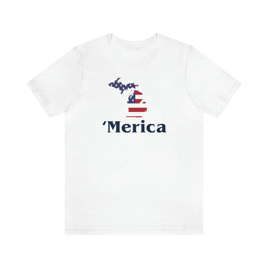 Michigan 'Merica' T-Shirt (1980s Font w/ MI USA Flag Outline) | Unisex Standard Fit