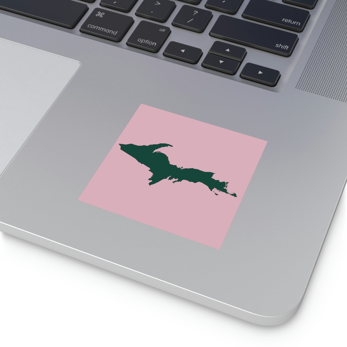 Michigan Upper Peninsula Square Sticker (Pink w/ Green UP Outline) | Indoor/Outdoor