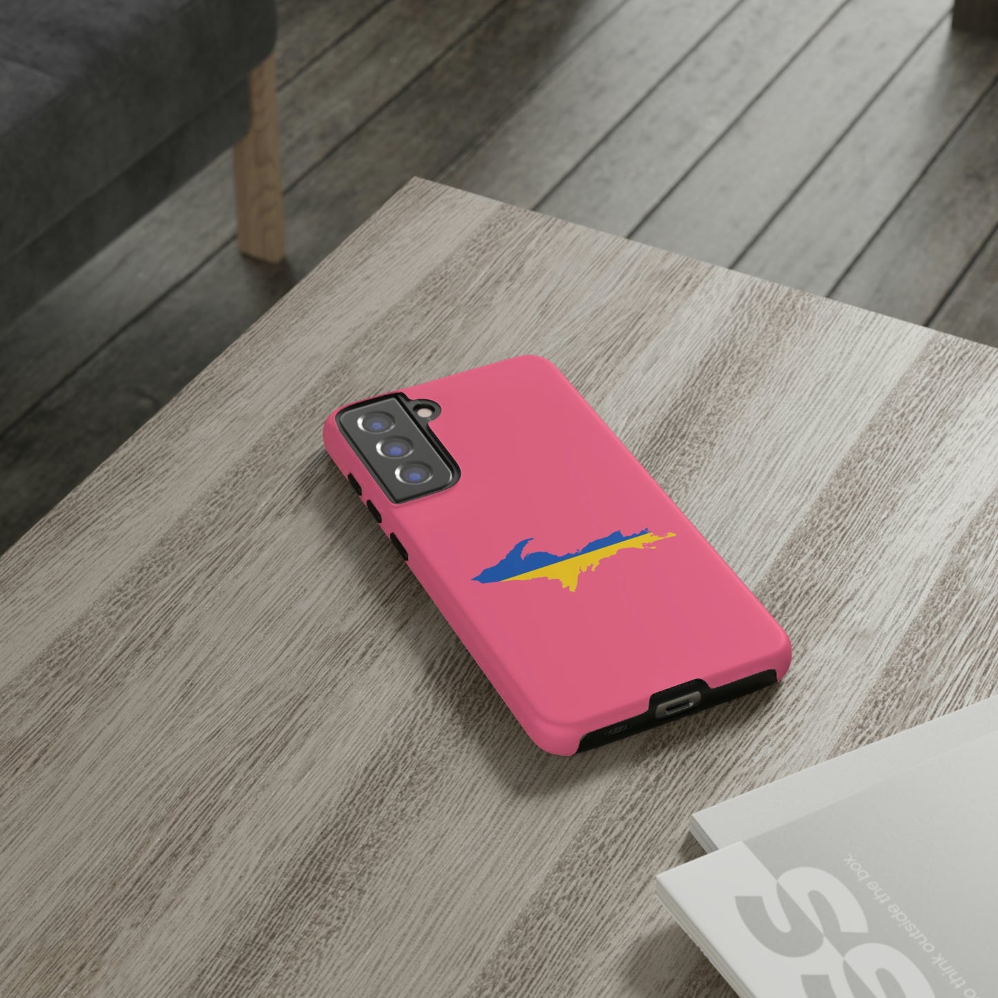 Michigan Upper Peninsula Tough Phone Case (Rhodochrosite Pink w/ UP Ukraine Flag Outline) | Samsung & Pixel Android