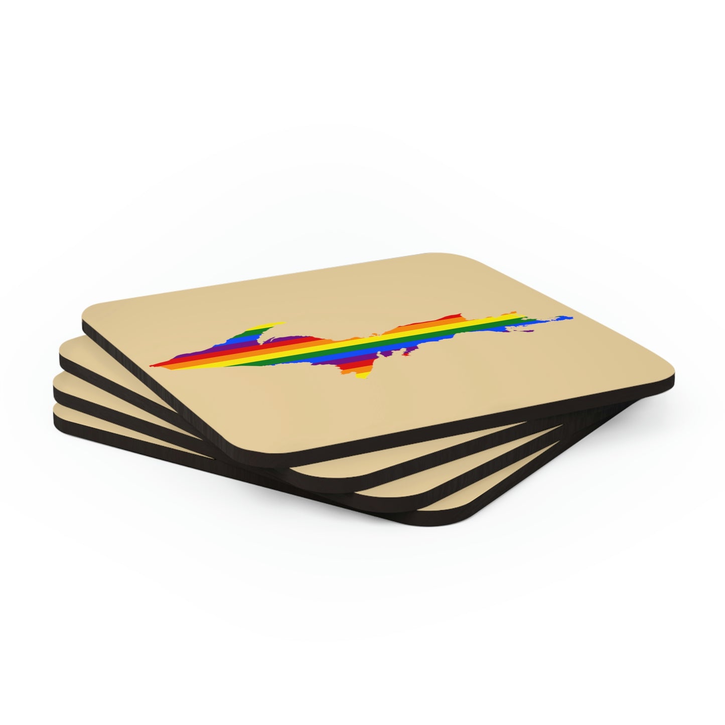 Michigan Upper Peninsula Coaster Set (Maple Color w/ UP Pride Flag Outline) | Corkwood - 4 pack