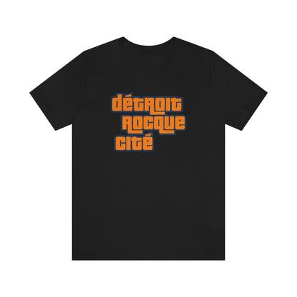 'Détroit Rocque Cité' T-Shirt (Orange Automotive Crime Parody) | Unisex Standard Fit