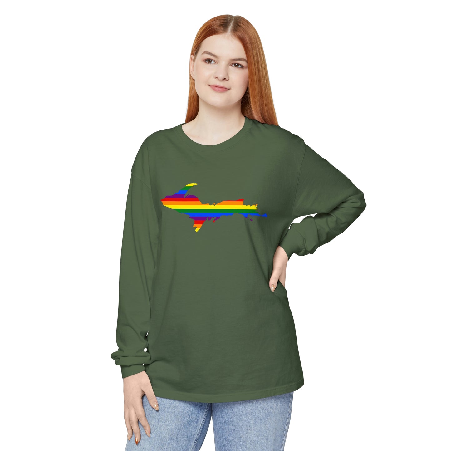 Michigan Upper Peninsula Garment-Dyed T-Shirt (w/ UP Pride Flag Outline) | Unisex Long Sleeve