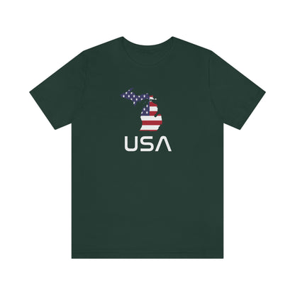 Michigan 'USA' T-Shirt (Space Agency Font w/ MI USA Flag Outline) | Unisex Standard Fit