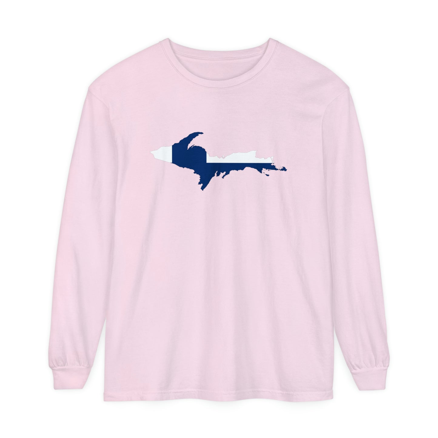 Michigan Upper Peninsula Garment-Dyed T-Shirt (w/ UP Finland Flag Outline) | Unisex Long Sleeve