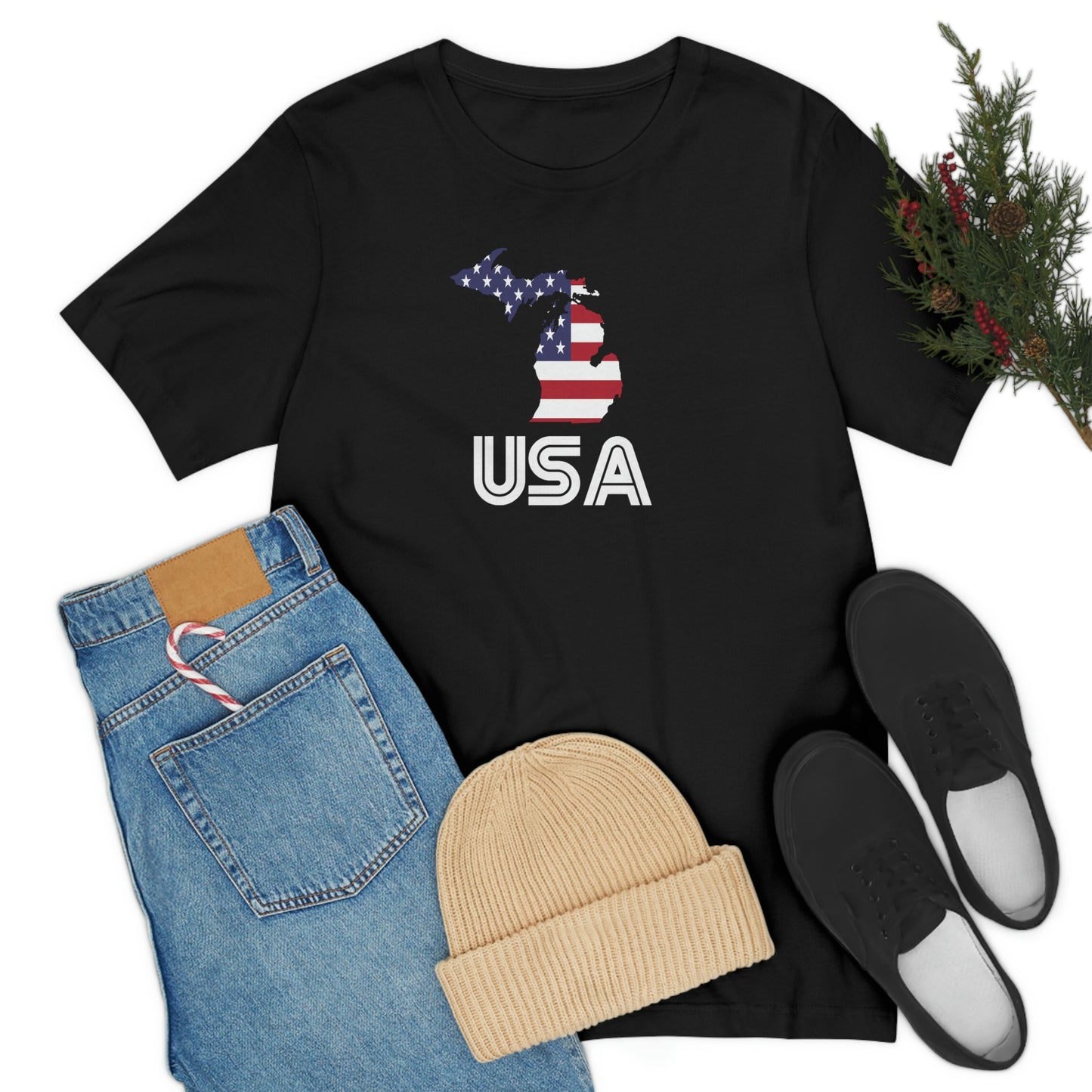 Michigan 'USA' T-Shirt (Audiophile Font w/ MI USA Flag Outline) | Unisex Standard Fit