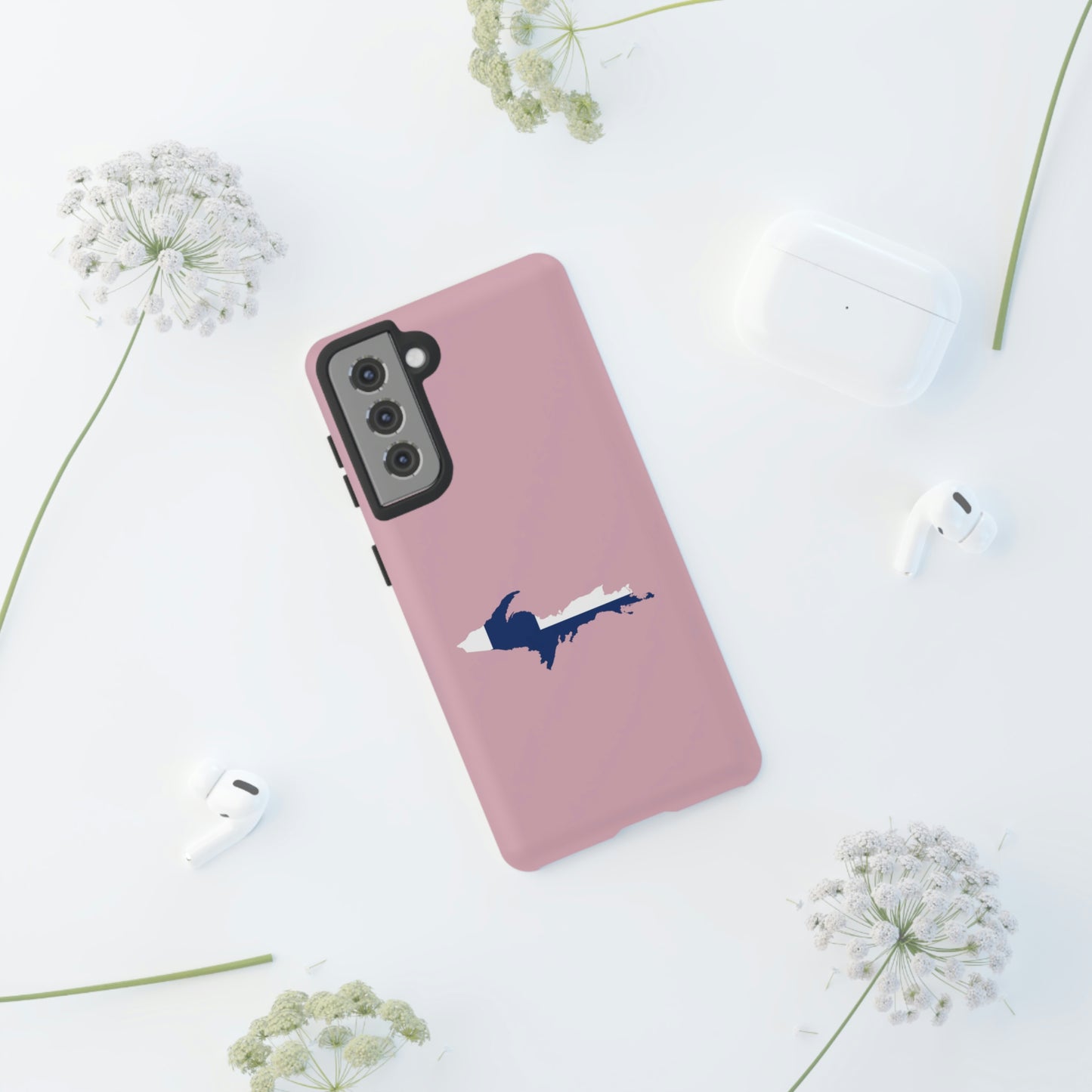 Michigan Upper Peninsula Tough Phone Case (Pink w/ UP Finland Flag Outline) | Samsung & Pixel Android