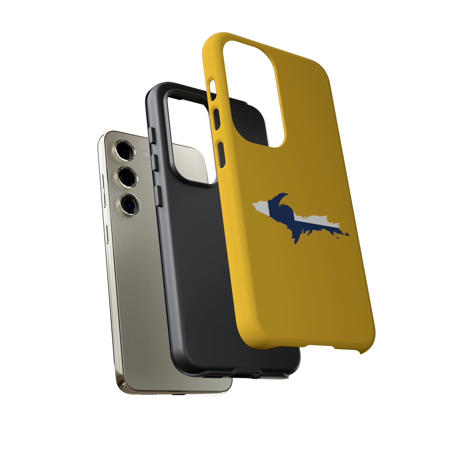 Michigan Upper Peninsula Tough Phone Case (Gold w/ UP Finland Flag Outline) | Samsung & Pixel Android