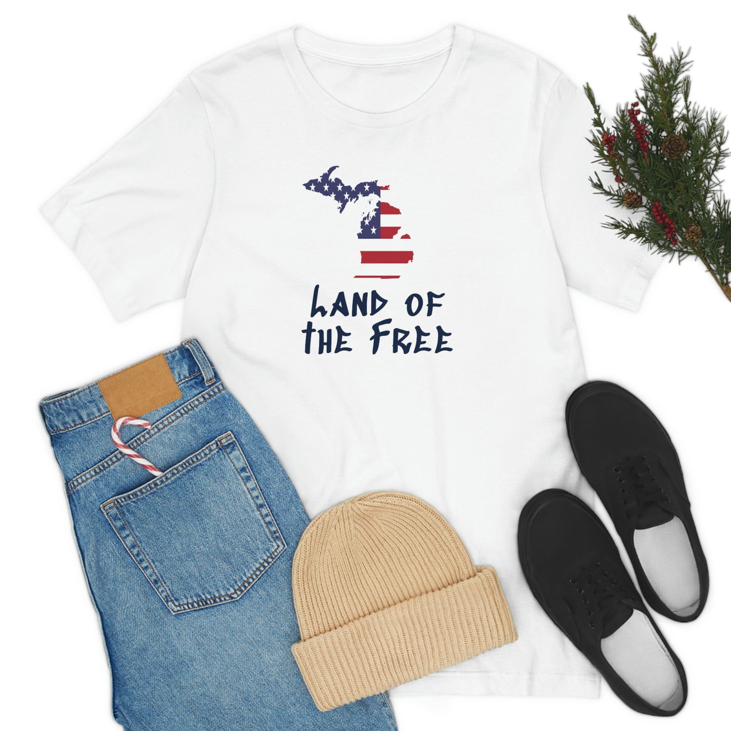 Michigan 'Land of the Free' T-Shirt (Tag Font w/ MI USA Flag Outline) | Unisex Standard Fit