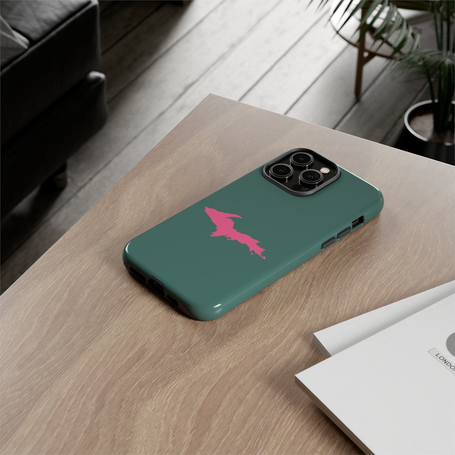 Michigan Upper Peninsula Tough Phone Case (Copper Green w/ Pink UP Outline) | Apple iPhone