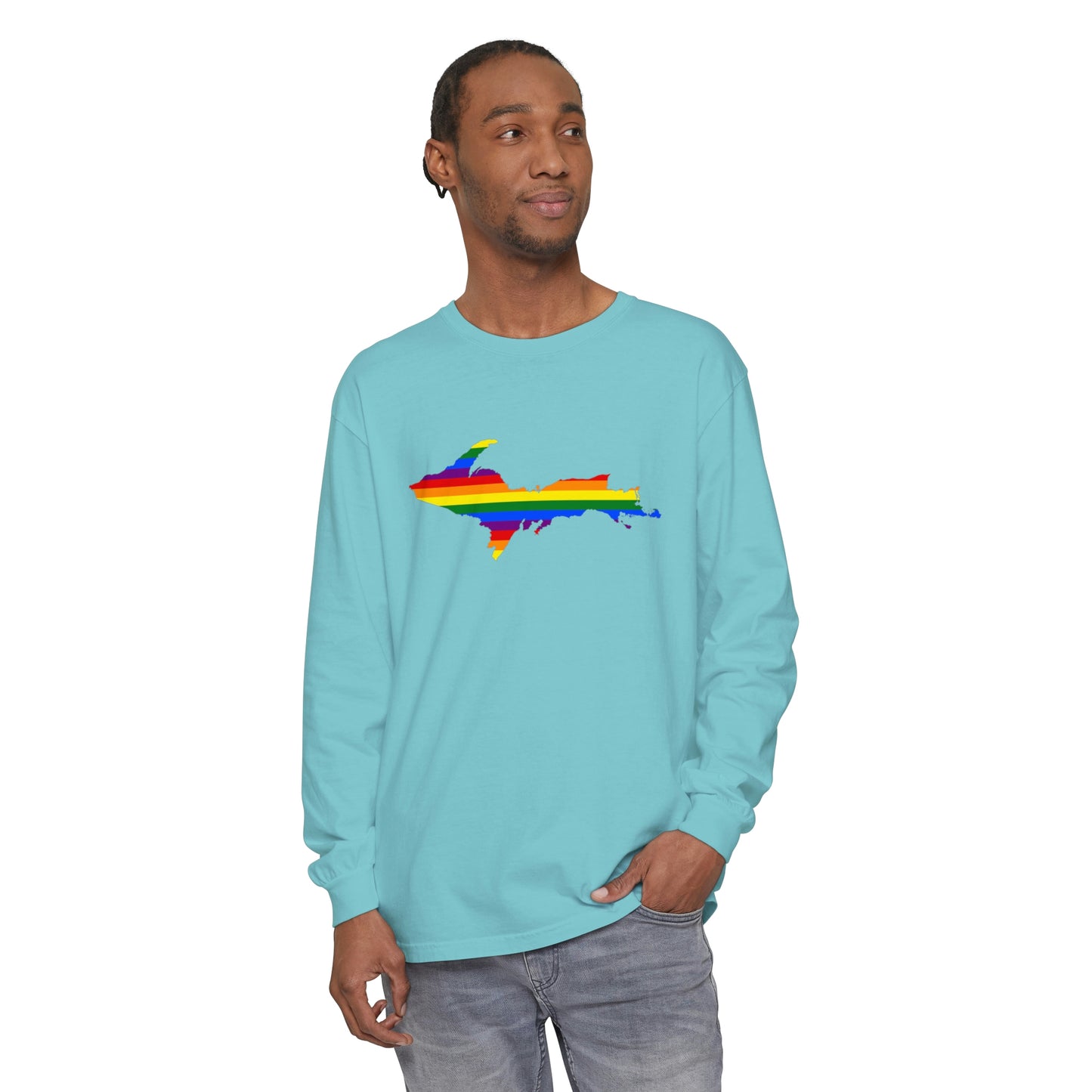 Michigan Upper Peninsula Garment-Dyed T-Shirt (w/ UP Pride Flag Outline) | Unisex Long Sleeve