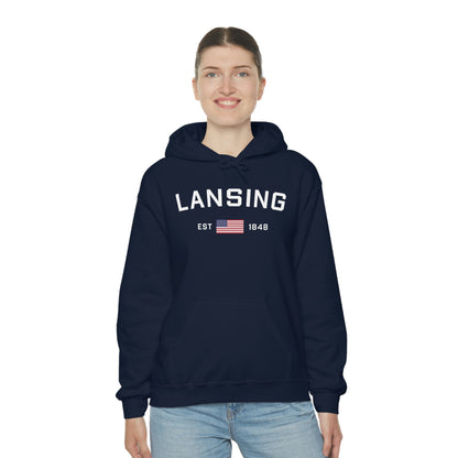 'Lansing EST 1848' Hoodie (w/USA Flag Outline) | Unisex Standard