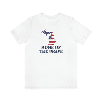 Michigan 'Home of the Brave' T-Shirt (Distressed Stencil Font w/ MI USA Outline) | Unisex Standard Fit