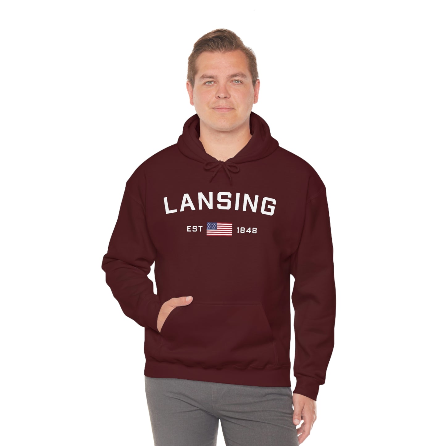 'Lansing EST 1848' Hoodie (w/USA Flag Outline) | Unisex Standard