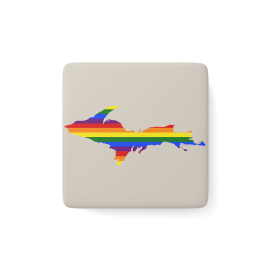 Michigan Upper Peninsula Porcelain Magnet (Canvas Color w/ UP Pride Flag Outline)