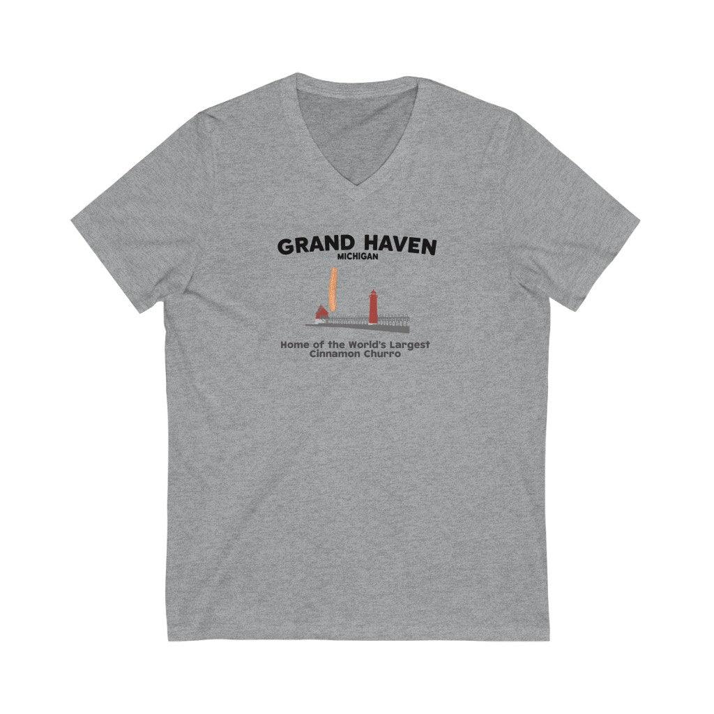 'Grand Haven - Home of the World's Largest Cinnamon Churro' T-Shirt | Unisex V-Neck - Circumspice Michigan