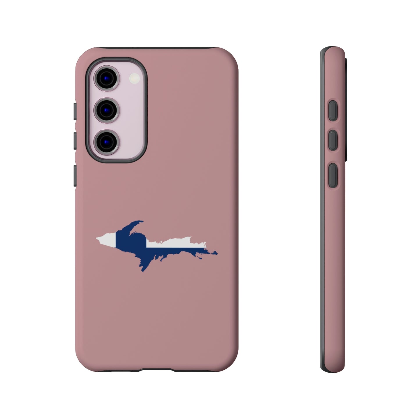 Michigan Upper Peninsula Tough Phone Case (Cherry Blossom Pink w/ UP Finland Flag Outline) | Samsung & Pixel Android