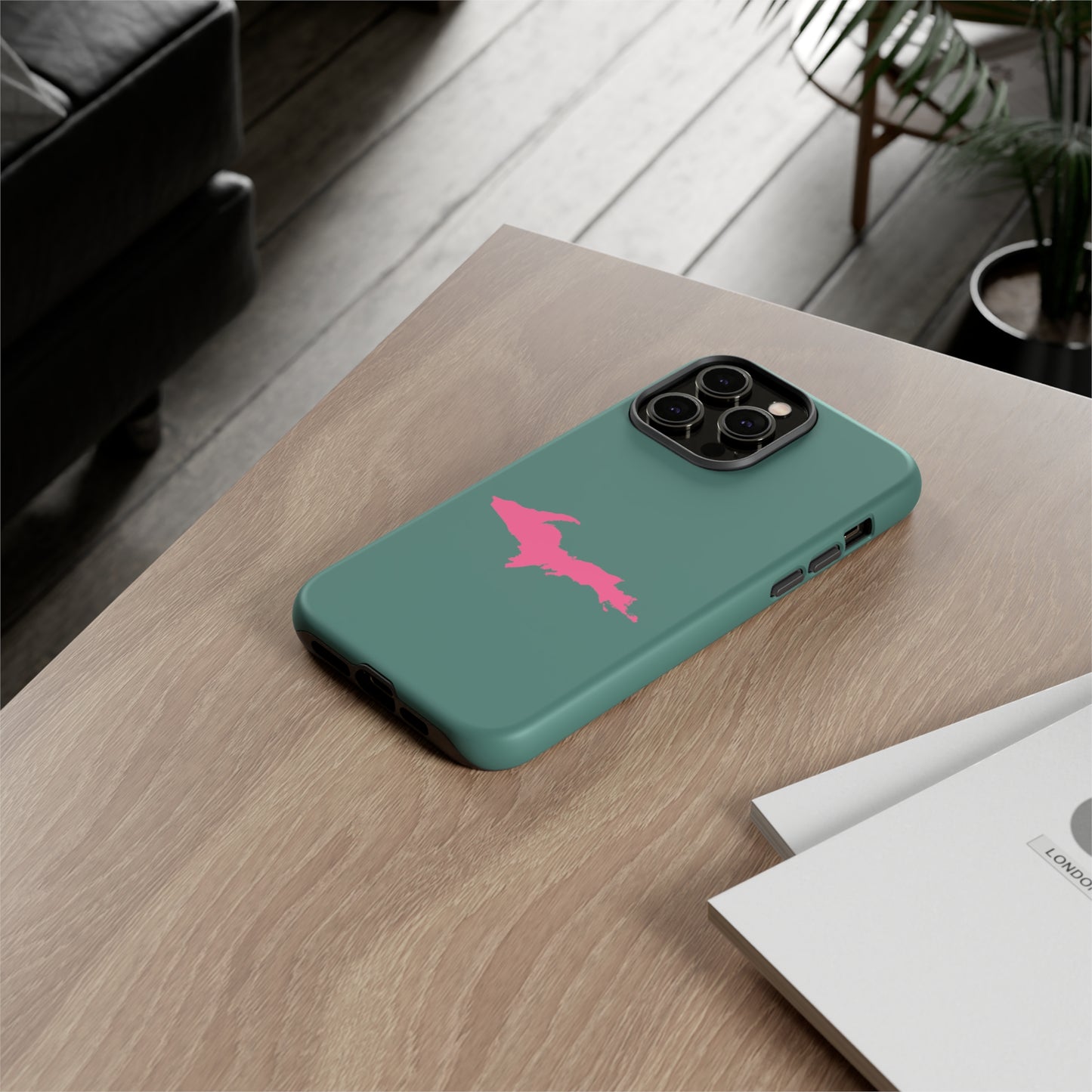 Michigan Upper Peninsula Tough Phone Case (Copper Green w/ Pink UP Outline) | Apple iPhone