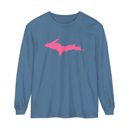 Michigan Upper Peninsula Garment-Dyed T-Shirt (w/ Pink UP Outline) | Unisex Long Sleeve