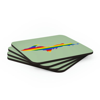 Michigan Upper Peninsula Coaster Set (Green Tea Color w/ UP Pride Flag Outline) | Corkwood - 4 pack