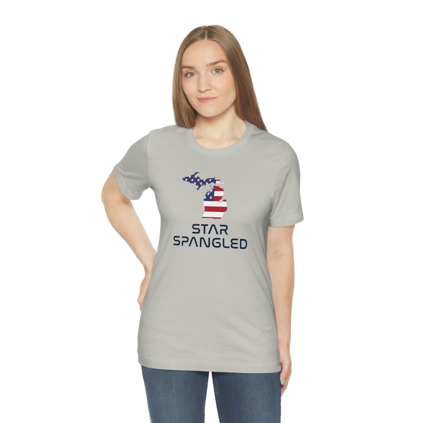 Michigan 'Star Spangled' T-Shirt (Space Agency Font w/ MI USA Flag Outline) | Unisex Standard Fit