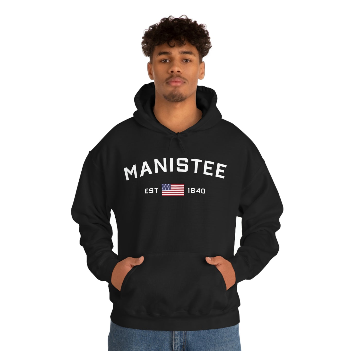 'Manistee EST 1840' Hoodie (w/USA Flag Outline) | Unisex Standard