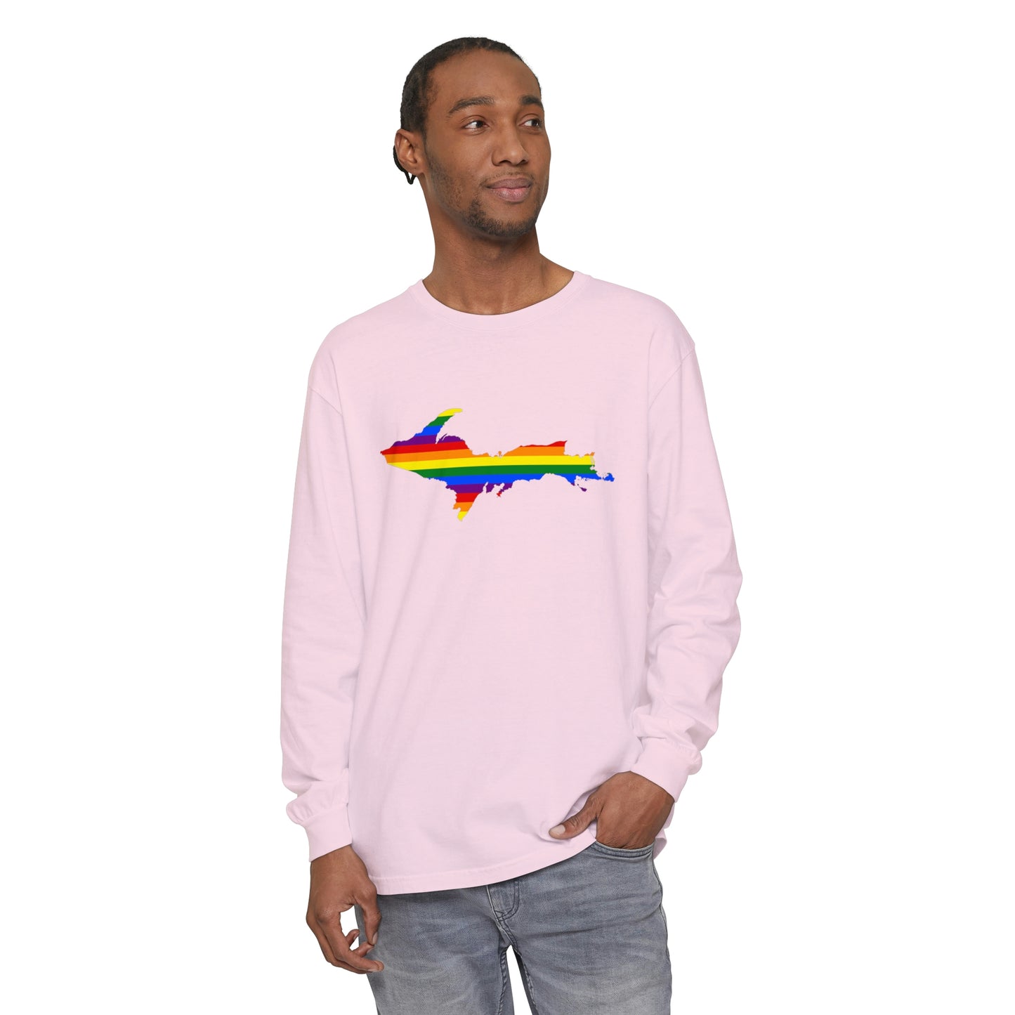 Michigan Upper Peninsula Garment-Dyed T-Shirt (w/ UP Pride Flag Outline) | Unisex Long Sleeve