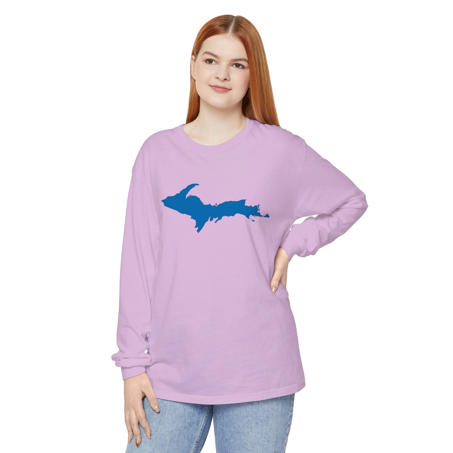 Michigan Upper Peninsula Garment-Dyed T-Shirt (w/ Azure UP Outline) | Unisex Long Sleeve