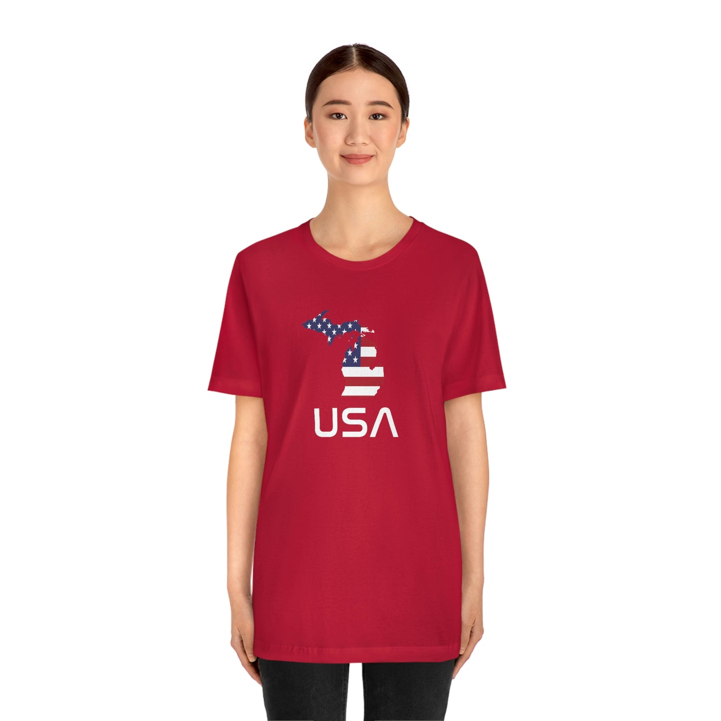 Michigan 'USA' T-Shirt (Space Agency Font w/ MI USA Flag Outline) | Unisex Standard Fit