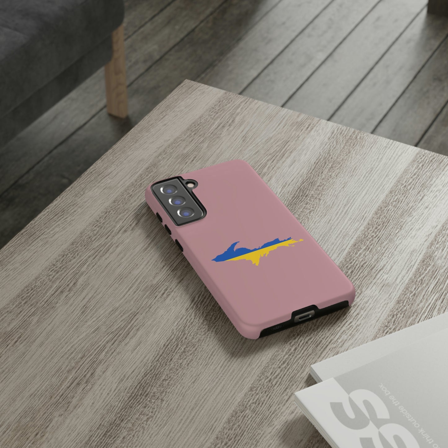 Michigan Upper Peninsula Tough Phone Case (Cherry Blossom Pink w/ UP Ukraine Flag Outline) | Samsung & Pixel Android