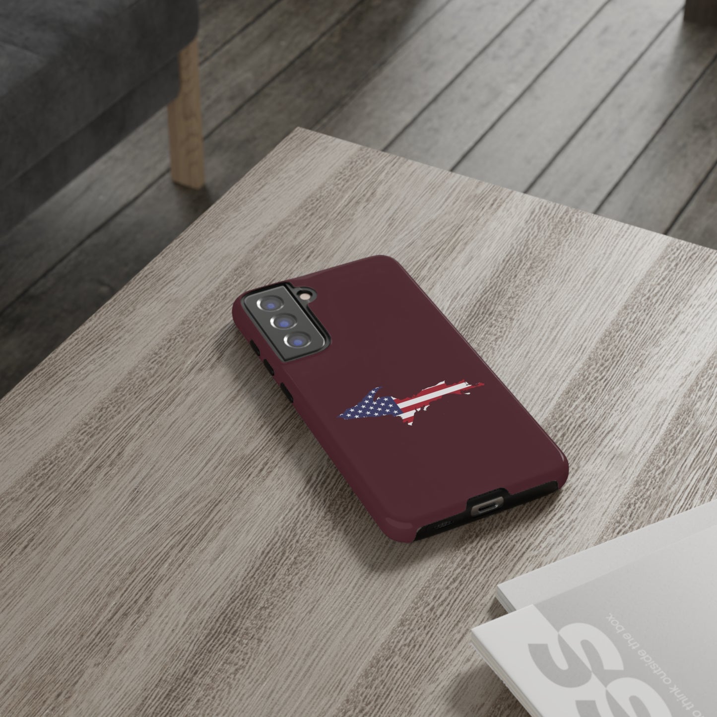 Michigan Upper Peninsula Tough Phone Case (Old Mission Burgundy w/ UP USA Flag Outline) | Samsung & Pixel Android