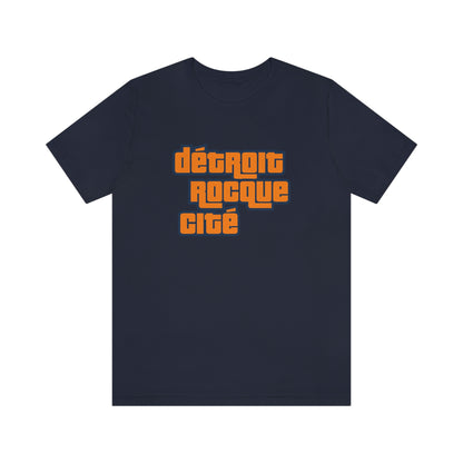 'Détroit Rocque Cité' T-Shirt (Orange Automotive Crime Parody) | Unisex Standard Fit