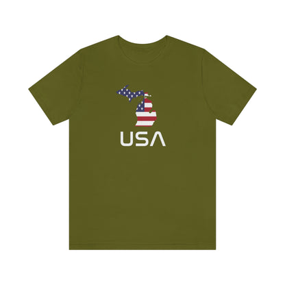 Michigan 'USA' T-Shirt (Space Agency Font w/ MI USA Flag Outline) | Unisex Standard Fit