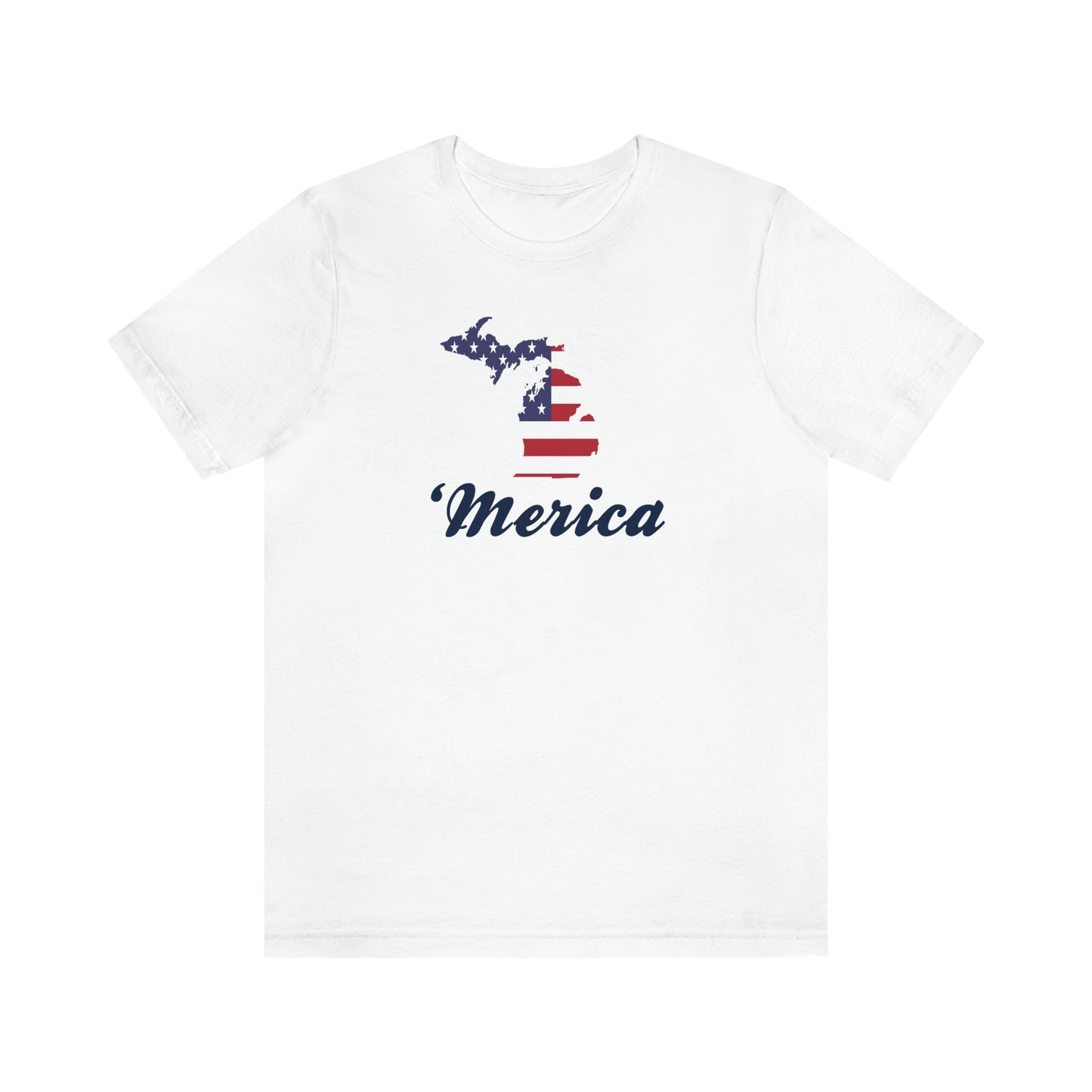 Michigan 'Merica' T-Shirt (Script Font w/ MI USA Flag Outline) | Unisex Standard Fit