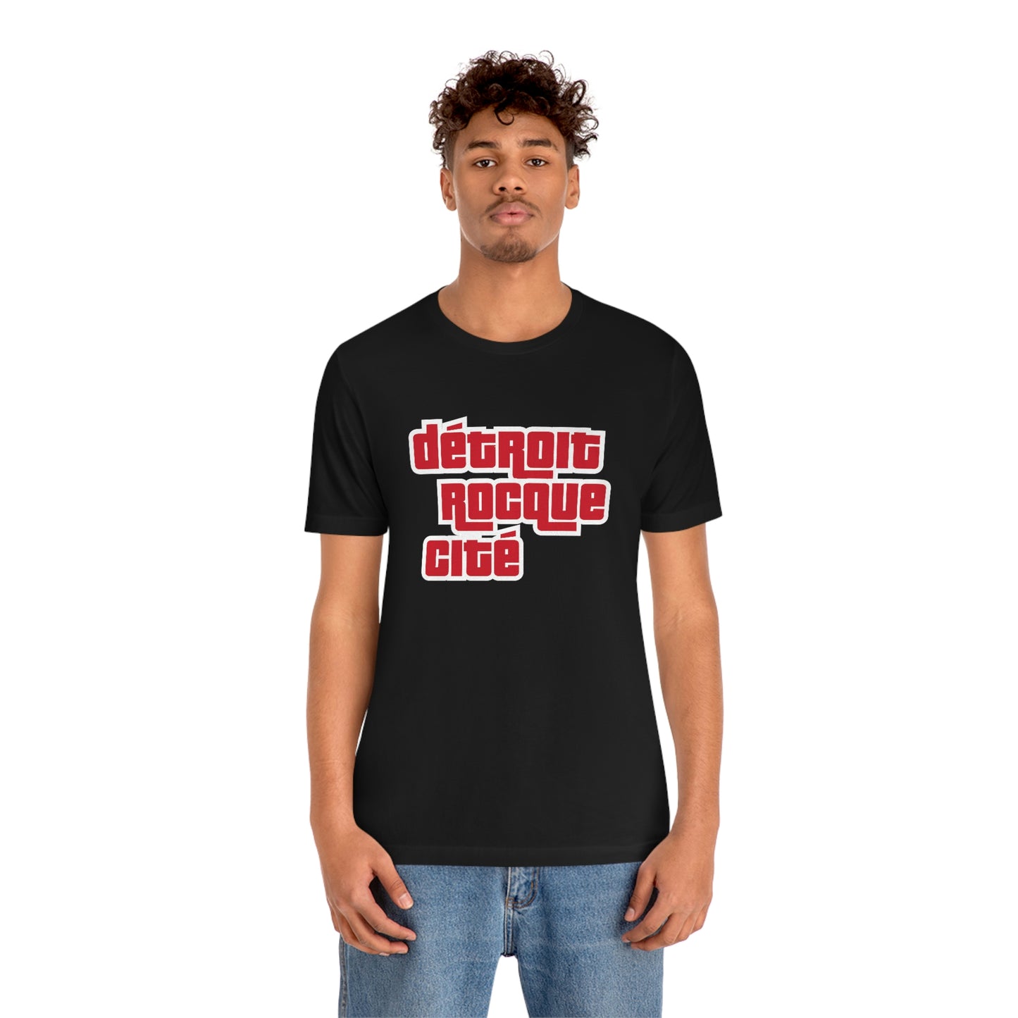 'Détroit Rocque Cité' T-Shirt (Red/White Automotive Crime Parody) | Unisex Standard Fit