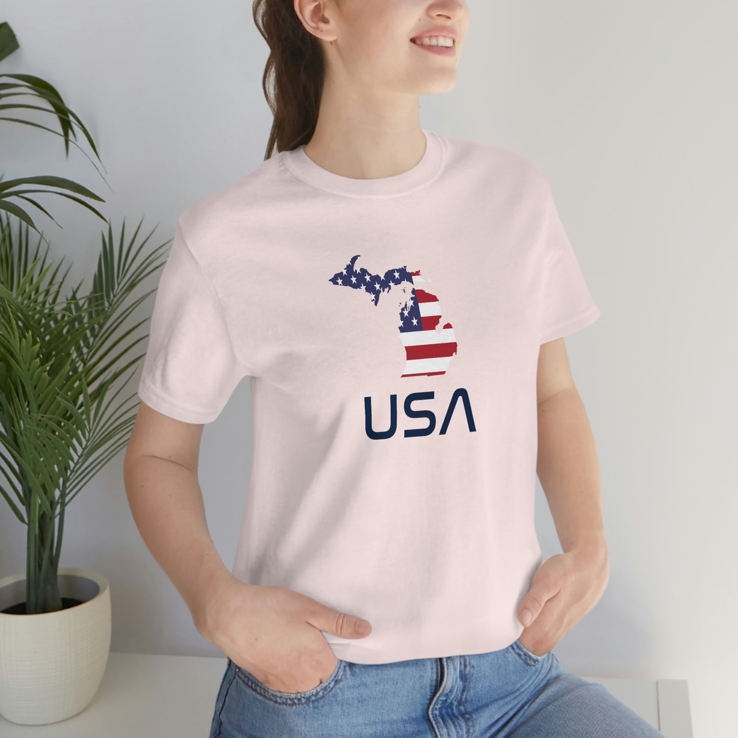 Michigan 'USA' T-Shirt (Space Agency Font w/ MI USA Flag Outline) | Unisex Standard Fit