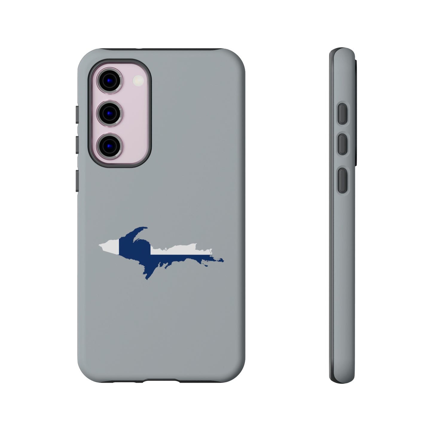 Michigan Upper Peninsula Tough Phone Case (Silver w/ UP Finland Flag Outline) | Samsung & Pixel Android