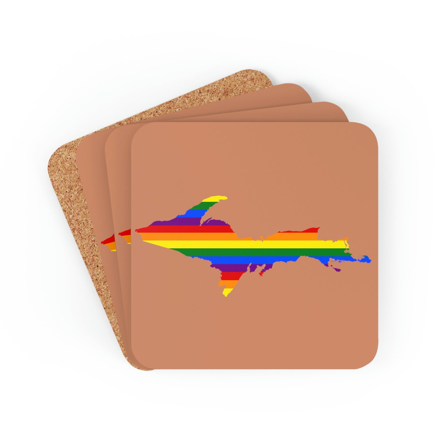 Michigan Upper Peninsula Coaster Set (Copper Color w/ UP Pride Flag Outline) | Corkwood - 4 pack