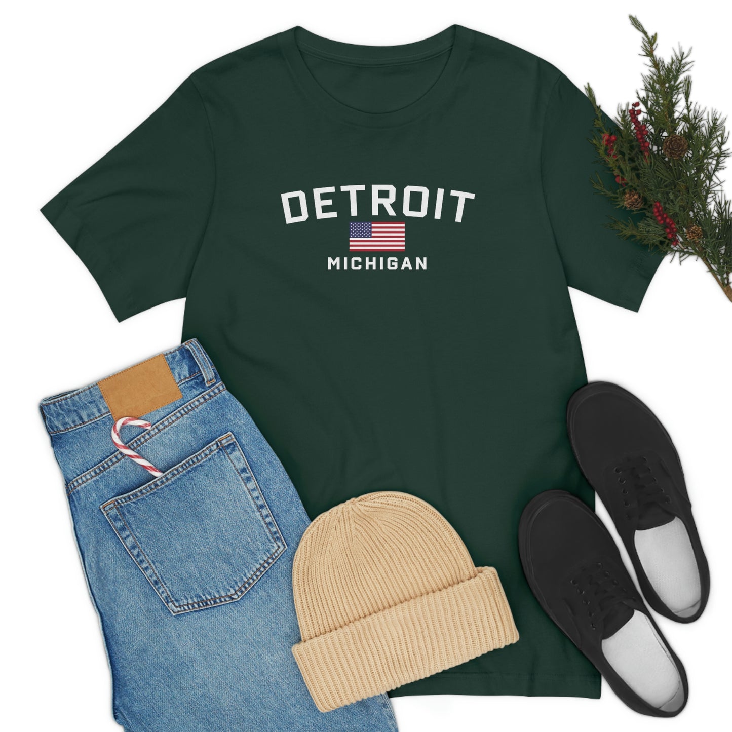 'Detroit Michigan' T-Shirt (w/USA Flag Outline) | Unisex Standard Fit