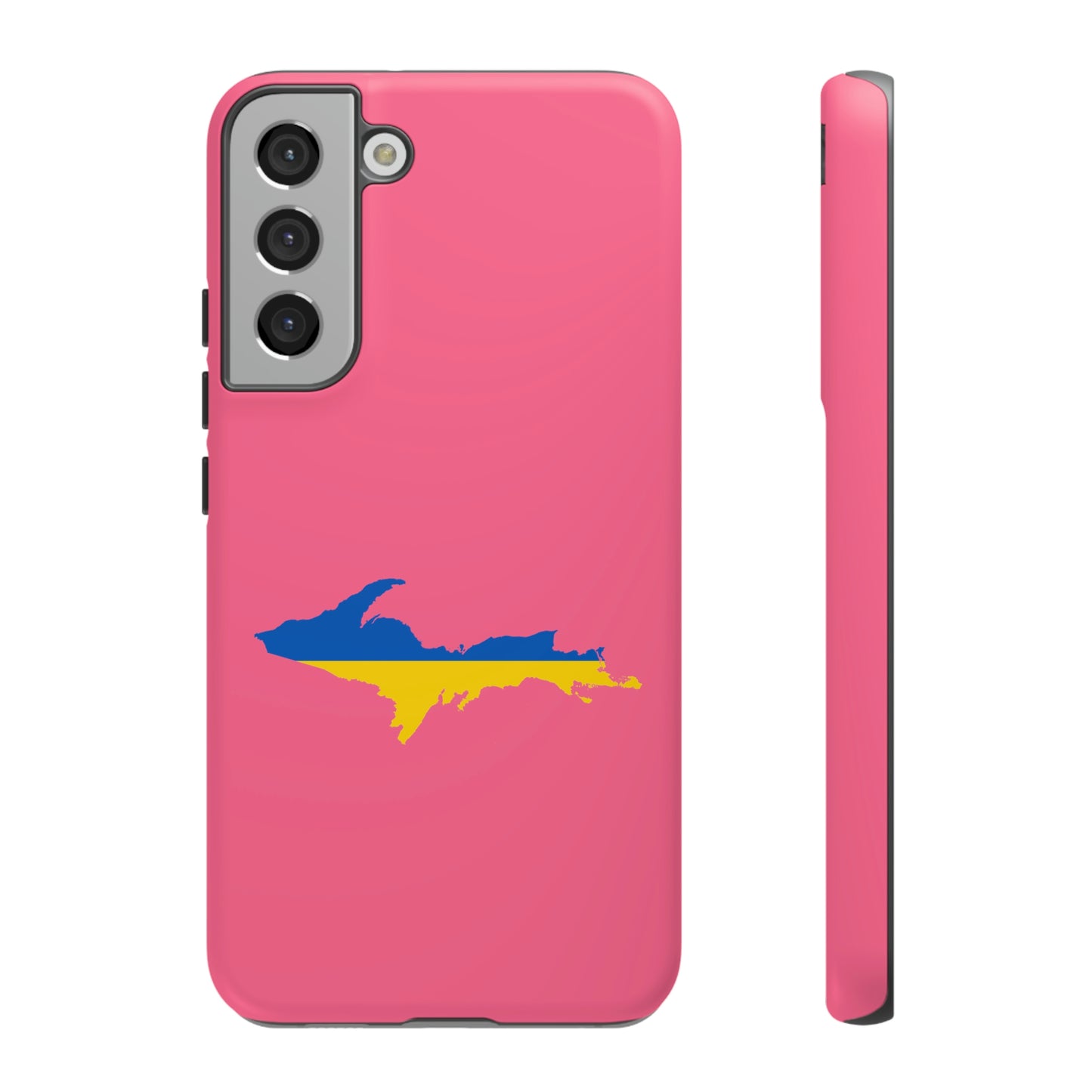 Michigan Upper Peninsula Tough Phone Case (Rhodochrosite Pink w/ UP Ukraine Flag Outline) | Samsung & Pixel Android