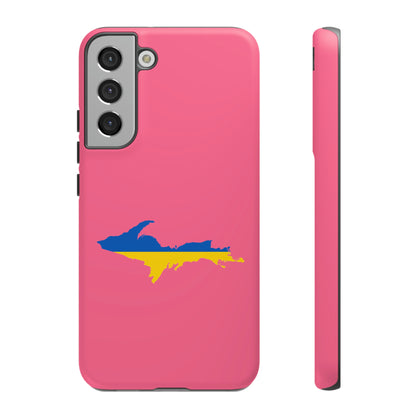 Michigan Upper Peninsula Tough Phone Case (Rhodochrosite Pink w/ UP Ukraine Flag Outline) | Samsung & Pixel Android