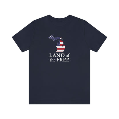 Michigan 'Land of the Free' T-Shirt (Patriot Font w/ MI USA Flag Outline) | Unisex Standard Fit