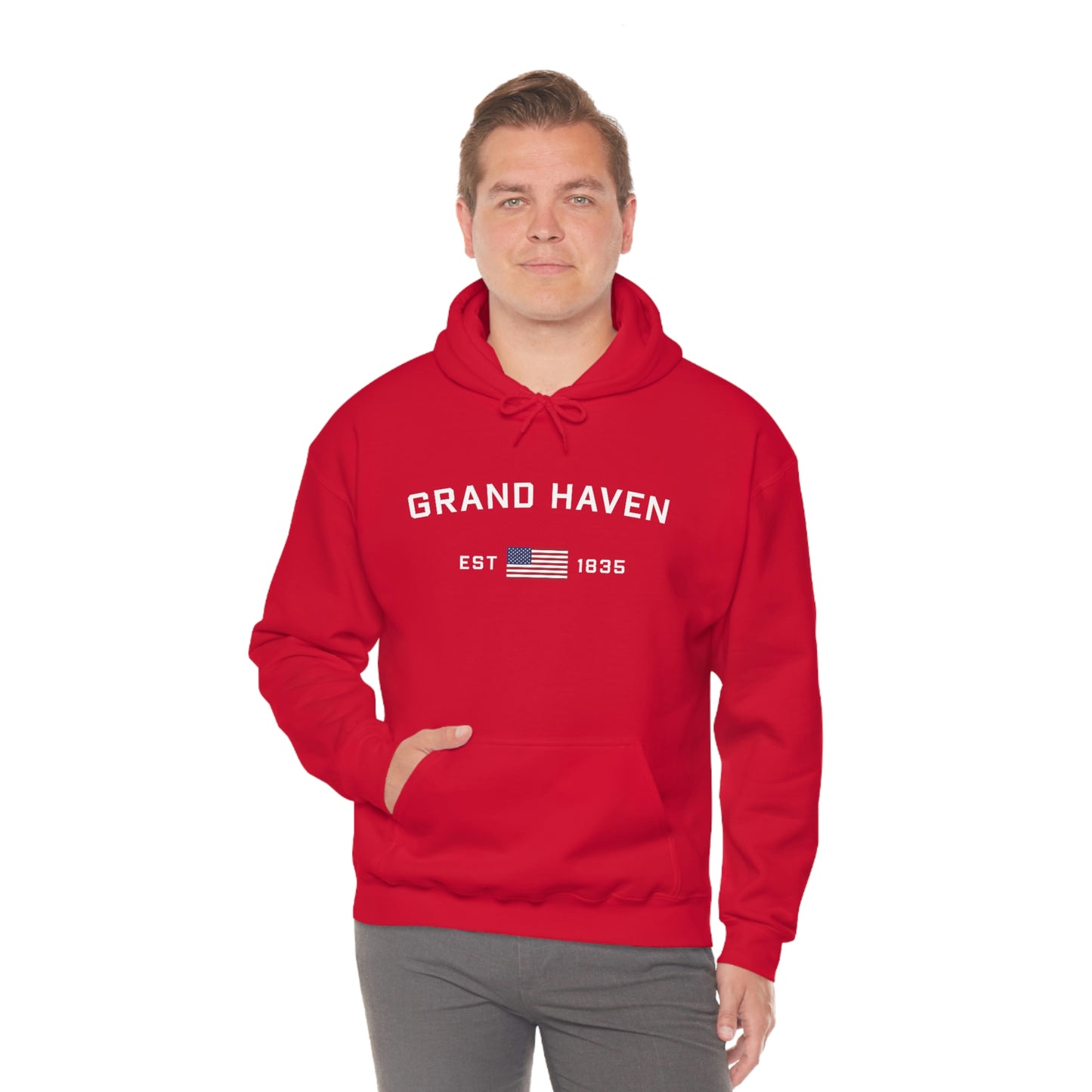 'Grand Haven EST 1835' Hoodie (w/USA Flag Outline) | Unisex Standard